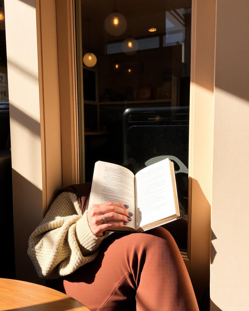 Reading by café window