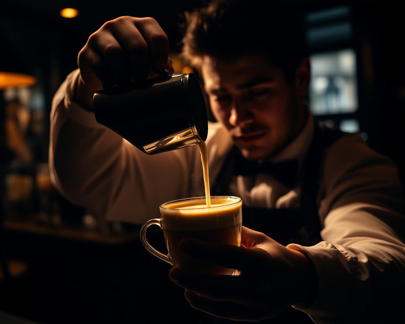 Barista pouring milk into a latte